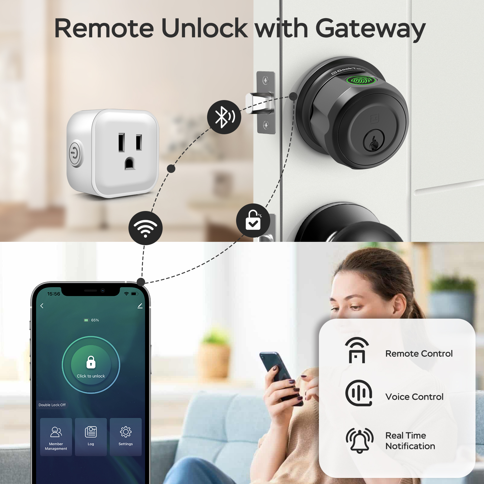 GeekTale Fingerprint Deadbolt Lock with APP, Smart Deadbolt for Front Door Fingerprint Door Knob, Smart Deadbolt Lock with App, Back-Up Key, Twist to Unlock & Lock, Black Dead Bolt, Easy Installation