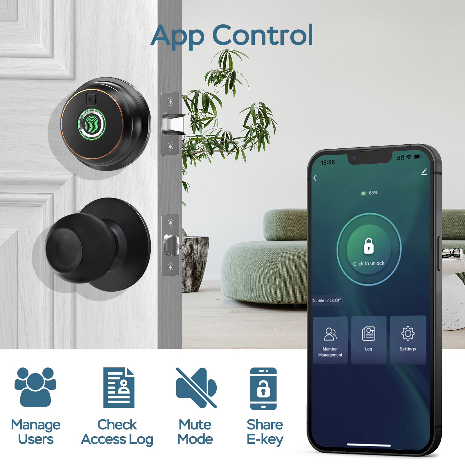GeekTale Fingerprint Deadbolt with App, Smart Deadbolt Lock | Keyless Entry Door Lock, Biometric DeadBolt, Electronic Door Knob, Auto Lock, Back-Up Key, Black Dead Bolt, Easy Installation