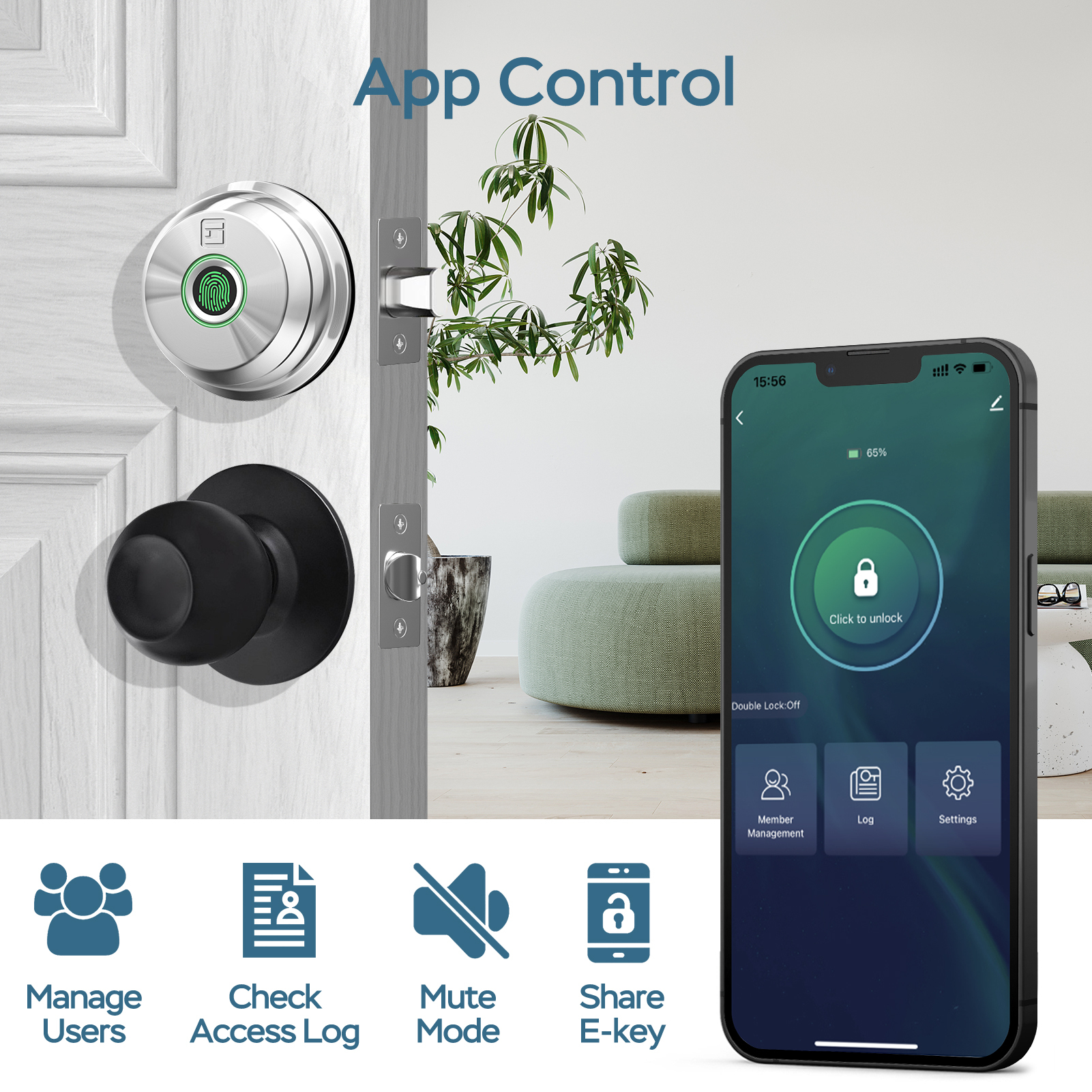 GeekTale Fingerprint Deadbolt with App, Smart Deadbolt Lock | Keyless Entry Door Lock, Biometric DeadBolt, Electronic Door Knob, Auto Lock, Back-Up Key, Black Dead Bolt, Easy Installation