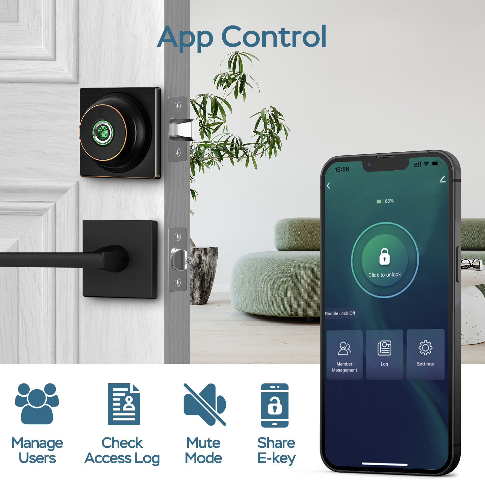 GeekTale Fingerprint Deadbolt with App, Smart Deadbolt Lock Keyless Entry Door Lock, Biometric DeadBolt, Electronic Door Knob, Auto Lock, Back-Up Key, Black Dead Bolt, Easy Installation