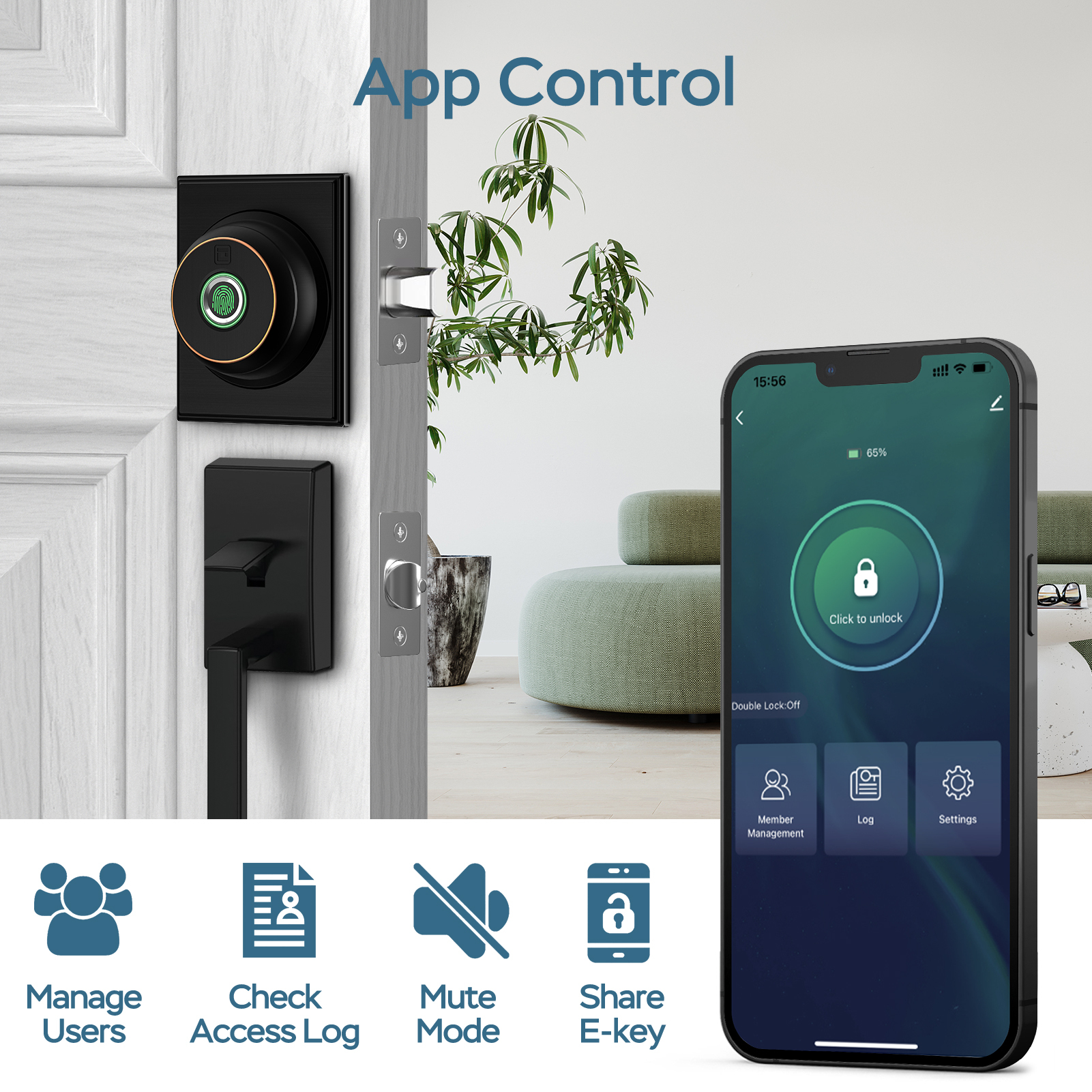 GeekTale Fingerprint Deadbolt with App, Smart Deadbolt Lock Keyless Entry Door Lock, Biometric DeadBolt, Electronic Door Knob, Auto Lock, Back-Up Key, Black Dead Bolt, Easy Installation