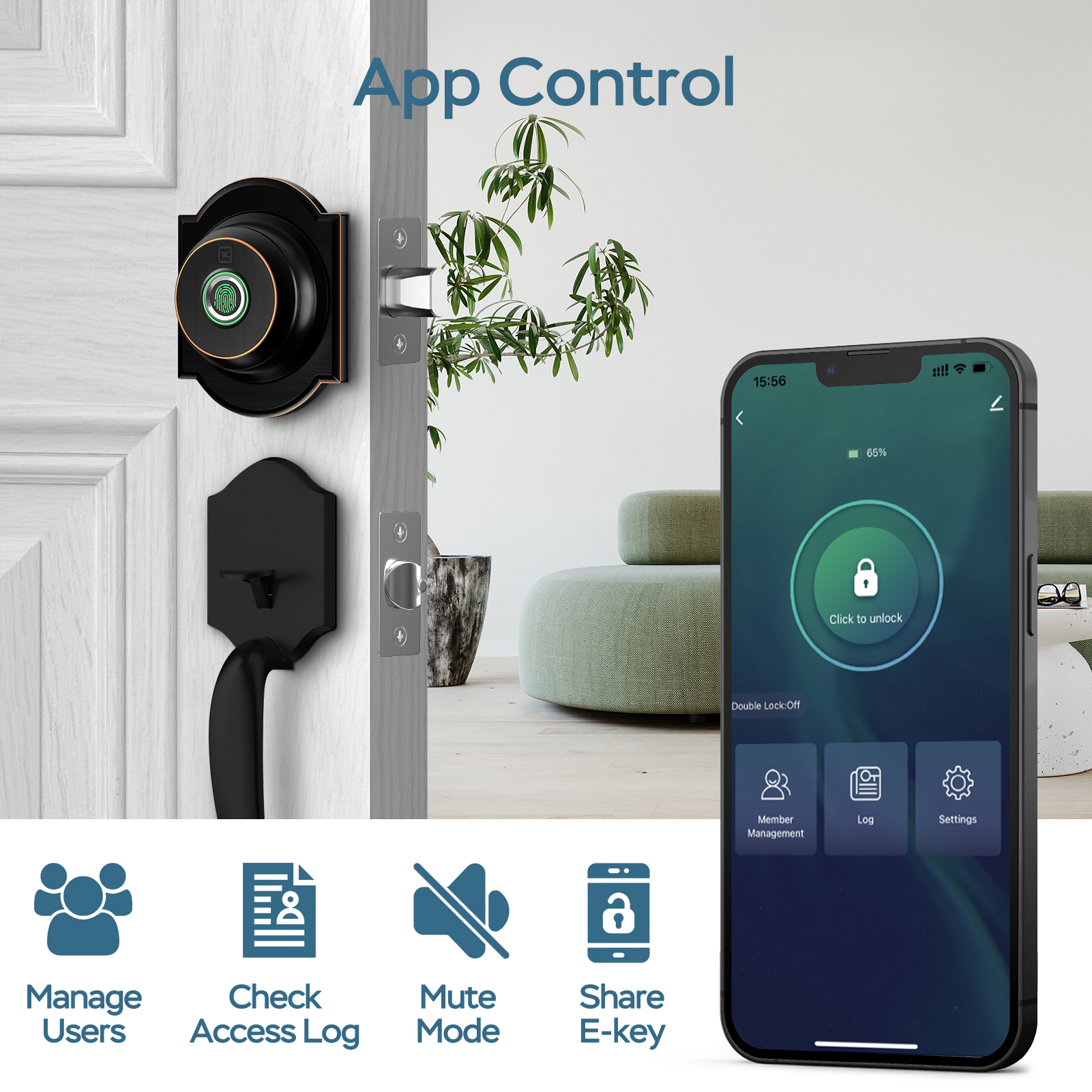 GeekTale Fingerprint Deadbolt with App, Smart Deadbolt Lock Keyless Entry Door Lock, Biometric DeadBolt, Electronic Door Knob, Auto Lock, Back-Up Key, Black Dead Bolt, Easy Installation
