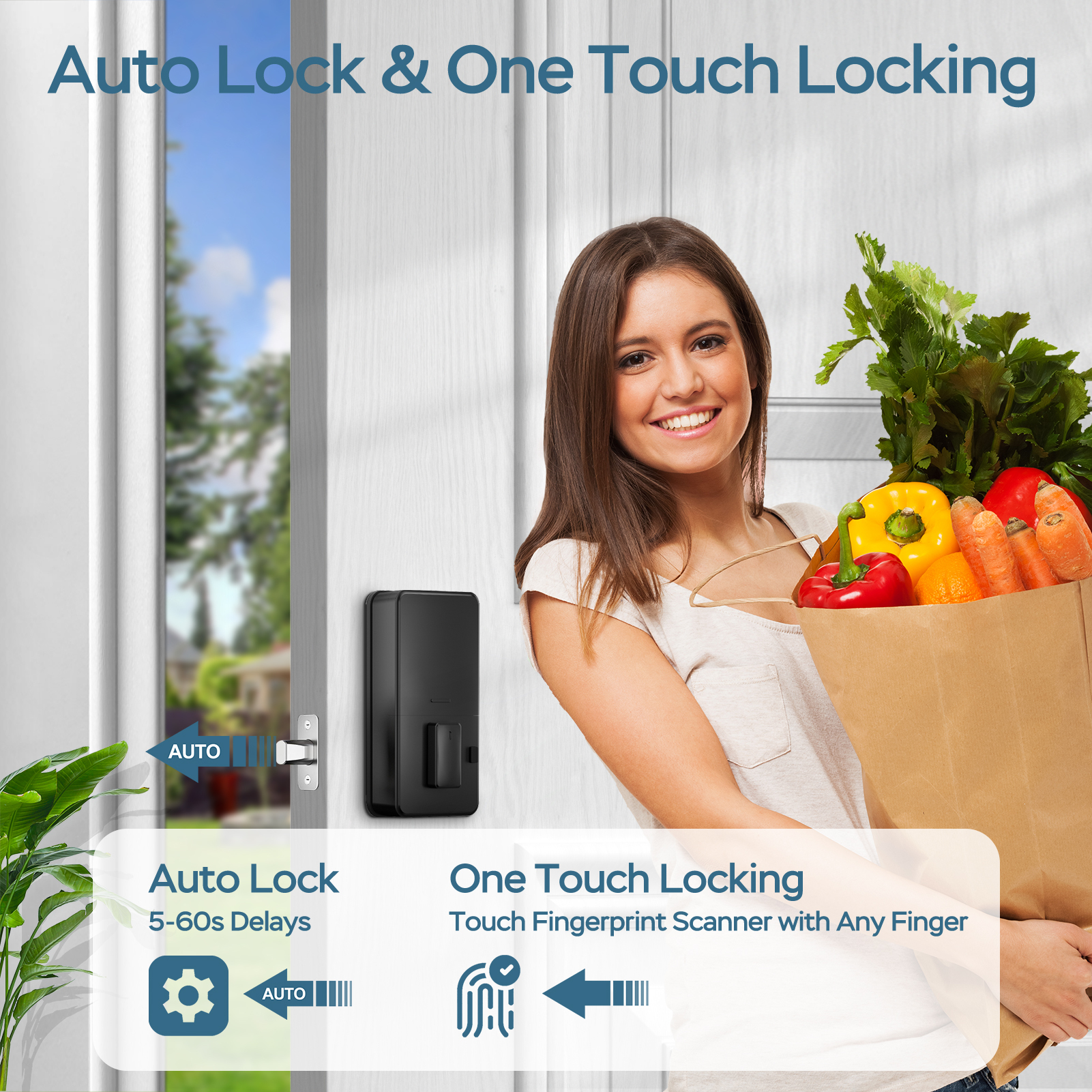 GeekTale Fingerprint Deadbolt with App, Smart Deadbolt Lock | Keyless Entry Door Lock, Biometric DeadBolt, Electronic Door Knob, Auto Lock, Back-Up Key, Black Dead Bolt, Easy Installation