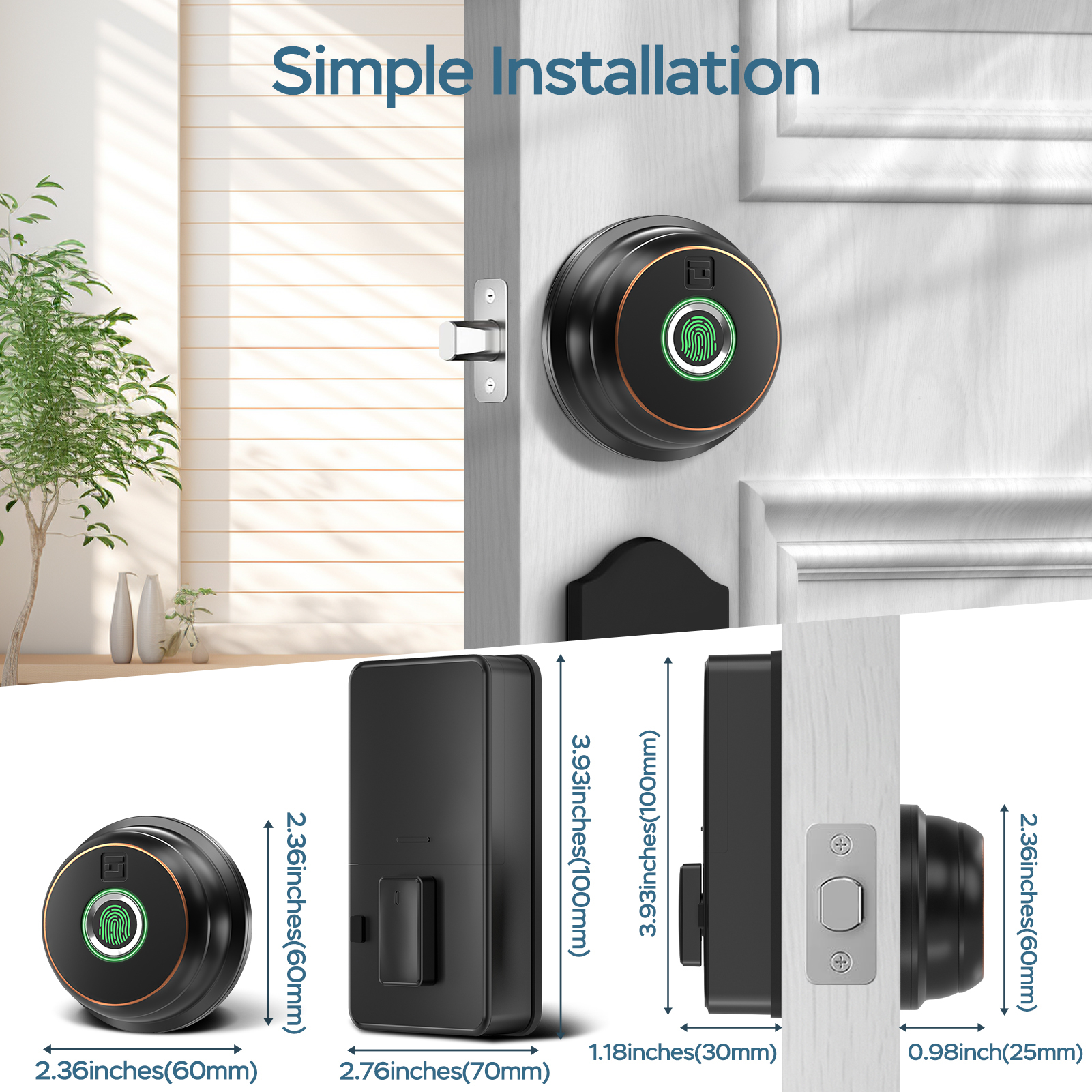 GeekTale Fingerprint Deadbolt with App, Smart Deadbolt Lock | Keyless Entry Door Lock, Biometric DeadBolt, Electronic Door Knob, Auto Lock, Back-Up Key, Black Dead Bolt, Easy Installation