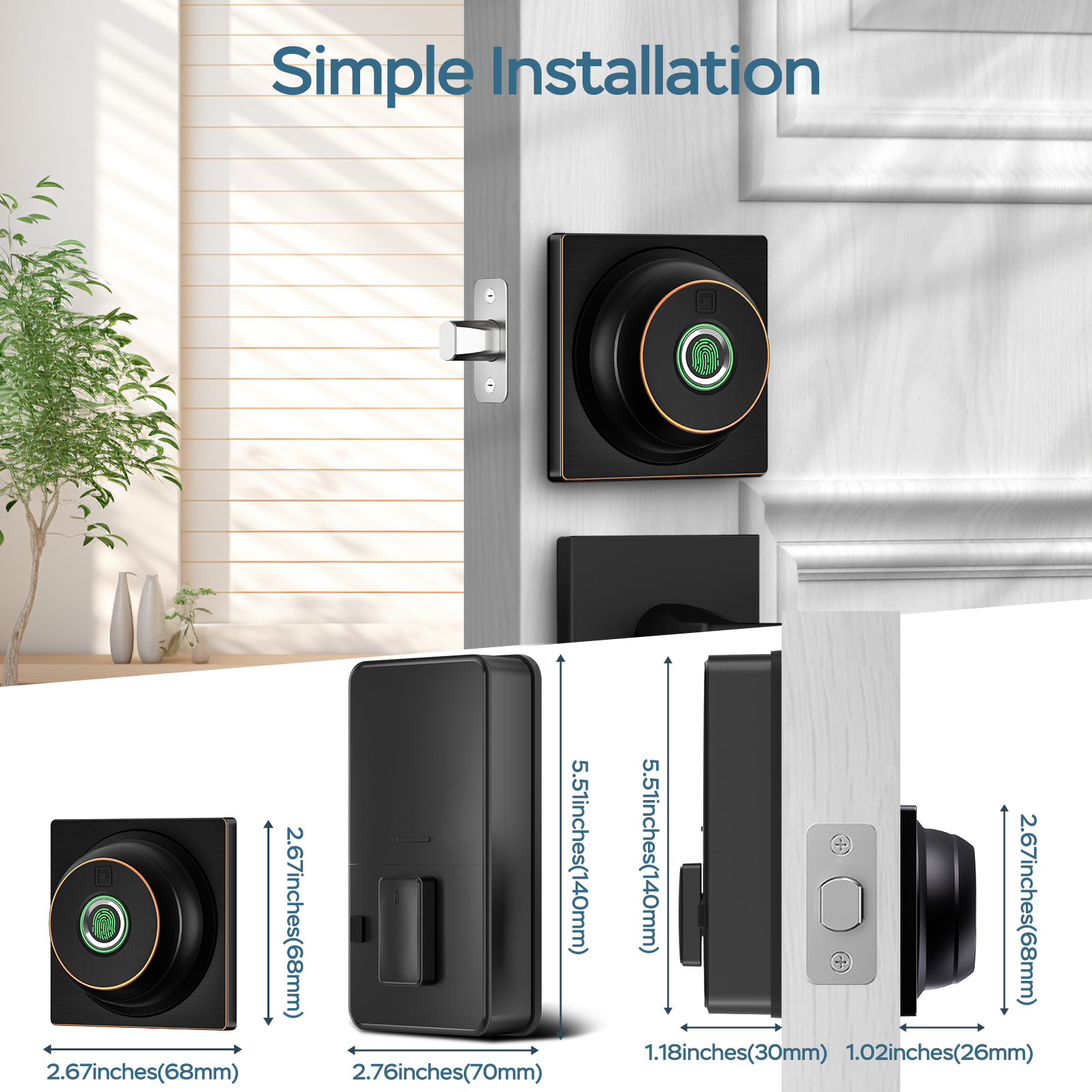 GeekTale Fingerprint Deadbolt with App, Smart Deadbolt Lock Keyless Entry Door Lock, Biometric DeadBolt, Electronic Door Knob, Auto Lock, Back-Up Key, Black Dead Bolt, Easy Installation