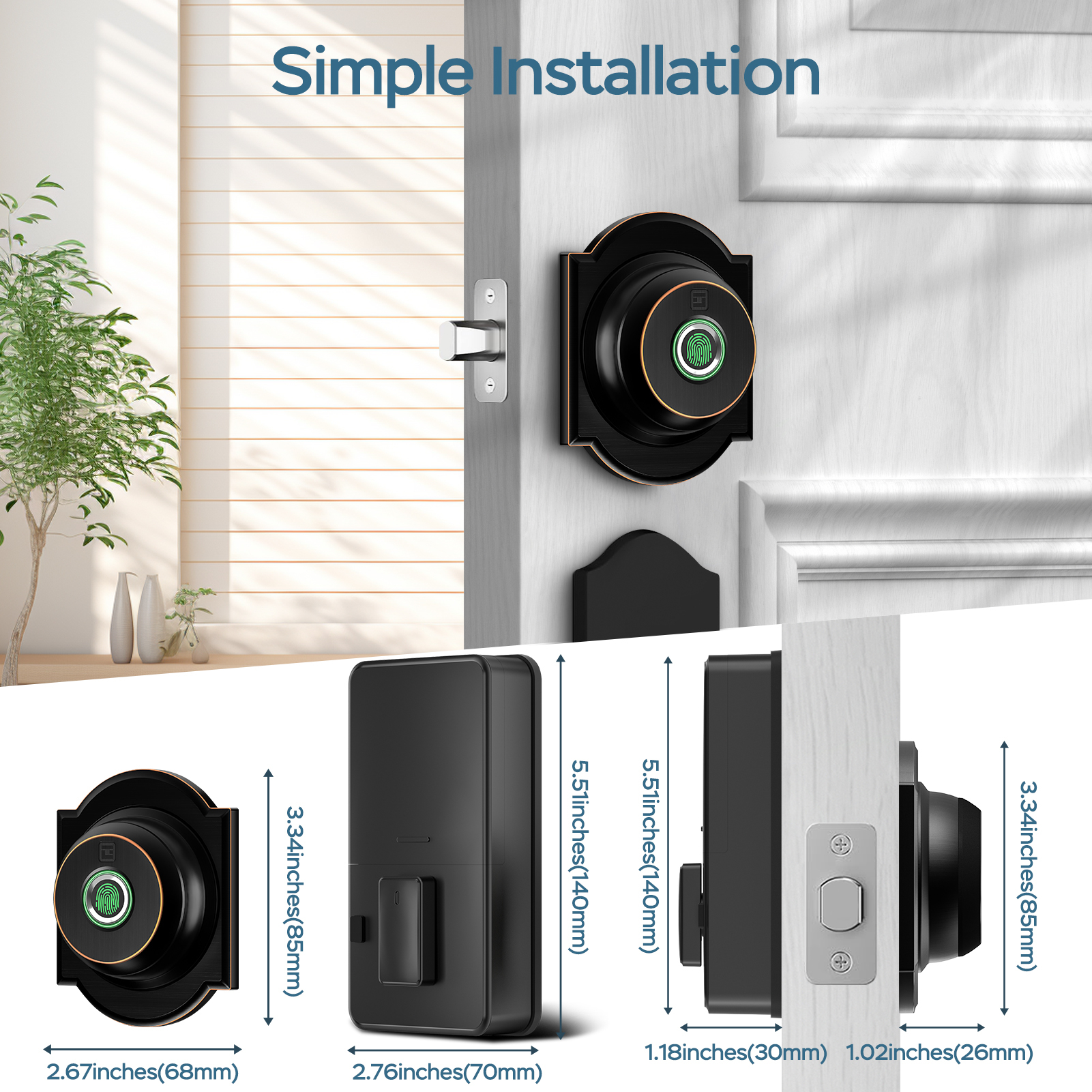 GeekTale Fingerprint Deadbolt with App, Smart Deadbolt Lock Keyless Entry Door Lock, Biometric DeadBolt, Electronic Door Knob, Auto Lock, Back-Up Key, Black Dead Bolt, Easy Installation