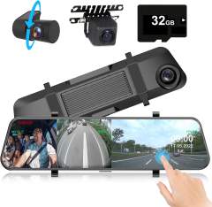3 Channel Mirror Dashcam, 12" 1080P Triple Rear View Mirror Dash Camera Front Inside Rear with WDR G-Sensor Parking Assistance, with Free 32GB Card, Waterproof Backup Camera for Car RV by INSEETECH