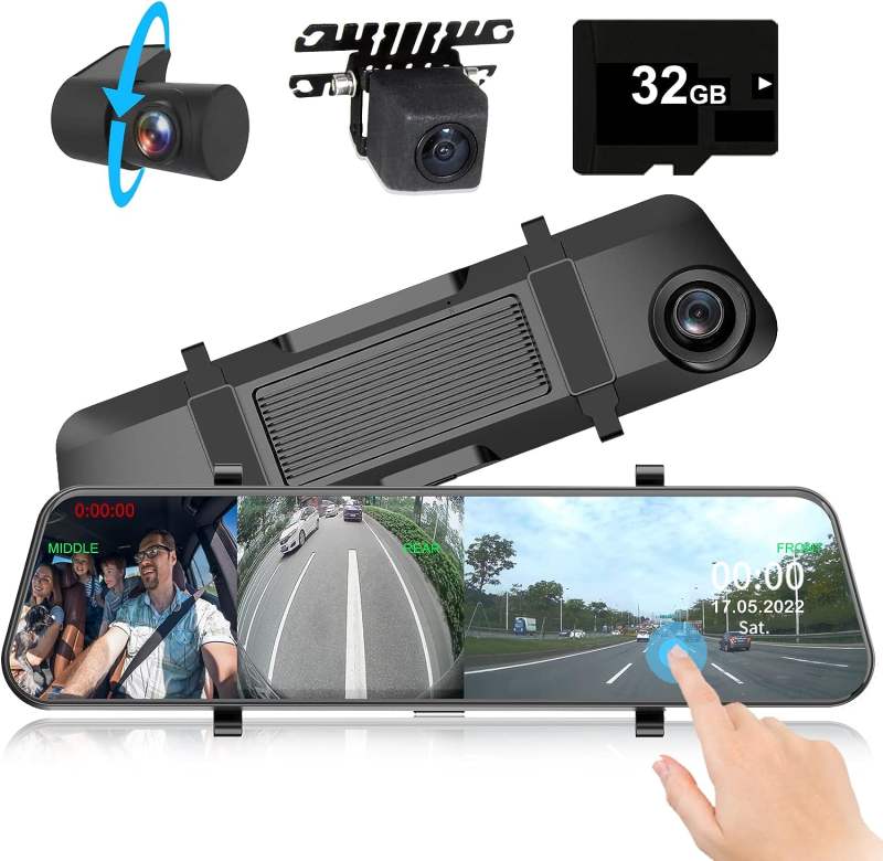 3 Channel Mirror Dashcam, 12" 1080P Triple Rear View Mirror Dash Camera Front Inside Rear with WDR G-Sensor Parking Assistance, with Free 32GB Card, Waterproof Backup Camera for Car RV by INSEETECH