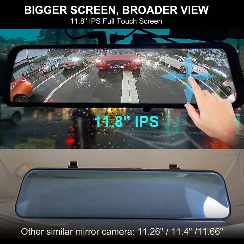3 Channel Mirror Dashcam, 12" 1080P Triple Rear View Mirror Dash Camera Front Inside Rear with WDR G-Sensor Parking Assistance, with Free 32GB Card, Waterproof Backup Camera for Car RV by INSEETECH