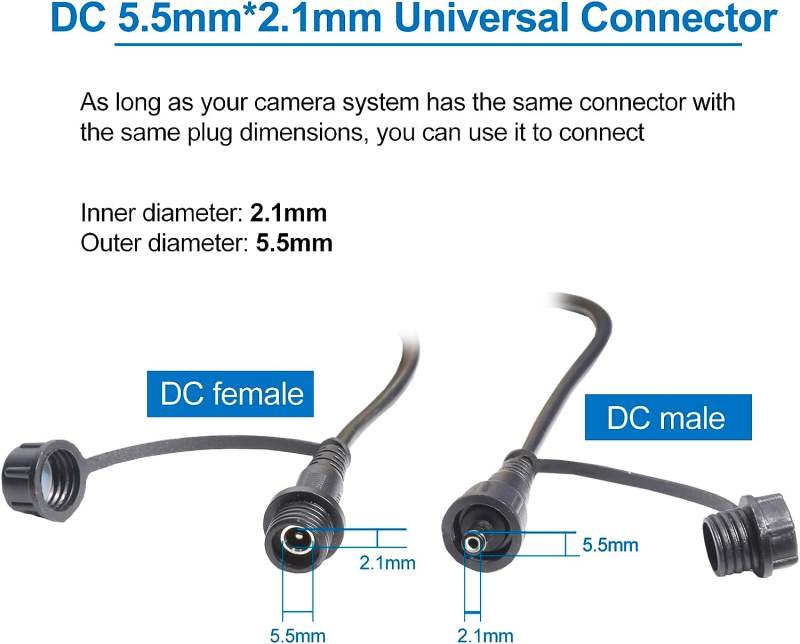 INSEETECH DC Extension Cable with Waterproof Caps, DC 5.5mm x 2.1mm Female to Male Power Extension Cable for INSEETECH 1.6W Solar Panel and WiFi Magnetic Wireless Backup Camera (3ft/1m)