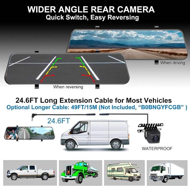 3 Channel Mirror Dashcam, 12" 1080P Triple Rear View Mirror Dash Camera Front Inside Rear with WDR G-Sensor Parking Assistance, with Free 32GB Card, Waterproof Backup Camera for Car RV by INSEETECH