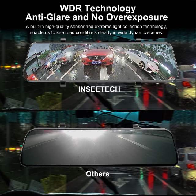 3 Channel Mirror Dashcam, 12" 1080P Triple Rear View Mirror Dash Camera Front Inside Rear with WDR G-Sensor Parking Assistance, with Free 32GB Card, Waterproof Backup Camera for Car RV by INSEETECH