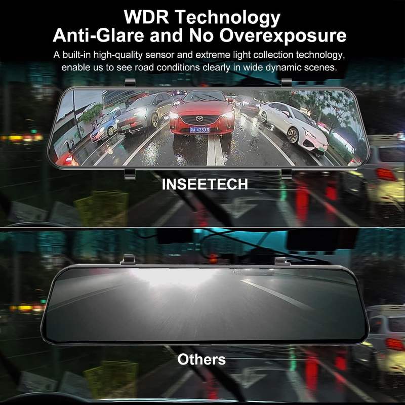 3 Channel Mirror Dashcam, 12" 1080P Triple Rear View Mirror Dash Camera Front Inside Rear with WDR G-Sensor Parking Assistance, with Free 32GB Card, Waterproof Backup Camera for Car RV by INSEETECH