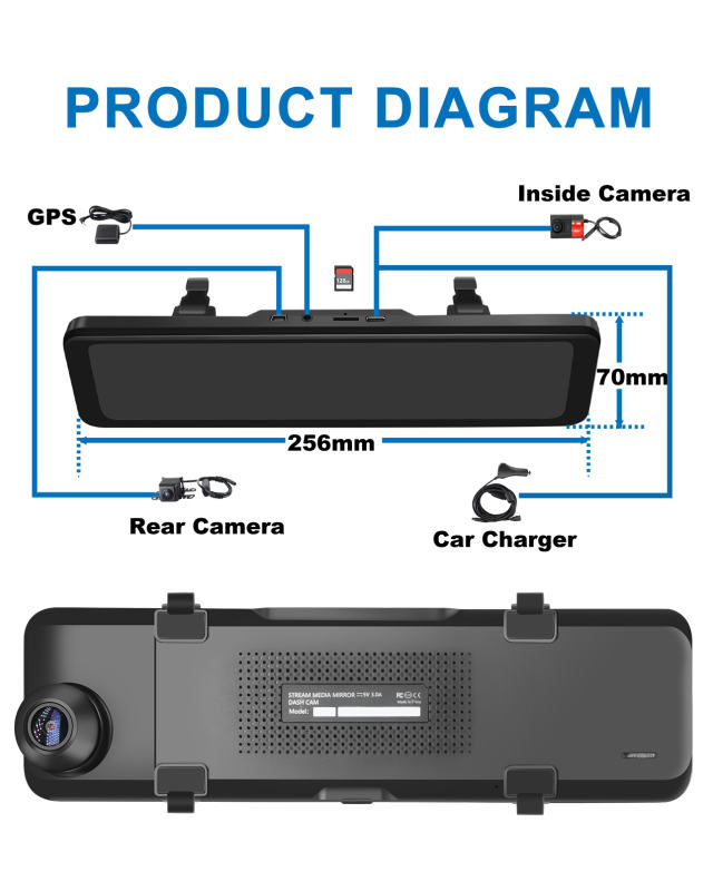 10.88" 3 Channel Mirror Dash Cam (4K+1080P+1080P)