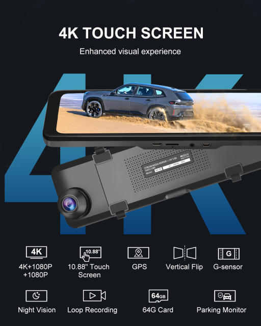 10.88" 3 Channel Mirror Dash Cam (4K+1080P+1080P)