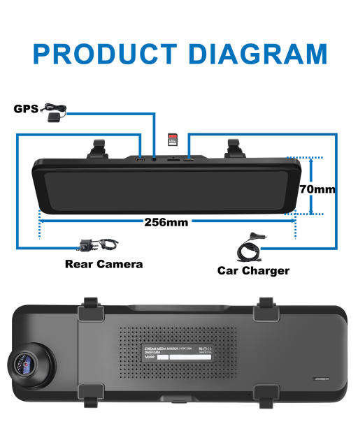 10.88" 2 Channel Mirror Dash Cam (4K+1080P)