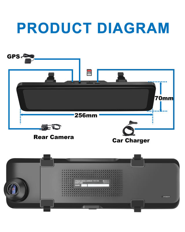 10.88" 2 Channel Mirror Dash Cam (4K+1080P)