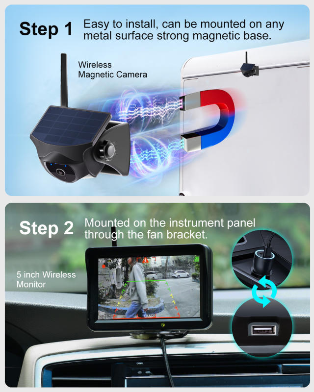 1080P AI Smart Solar Magnetic Wireless Backup Camera + 5" Wireless Monitor