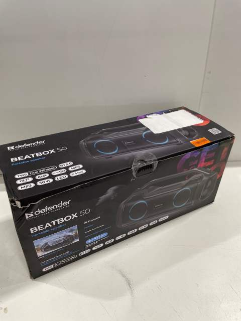 Колонка портативная музыкальная bluetooth, беспроводная с блютуз Defender Beatbox 50 50Вт, с подсветкой, BT, RGB, TypeC, IPX5, PowerBank, MicroSD, Hi-Fi звучание