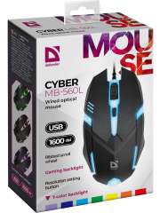 Мышь компьютерная игровая с подсветкой RGB Defender Cyber, 1600 dpi, черная