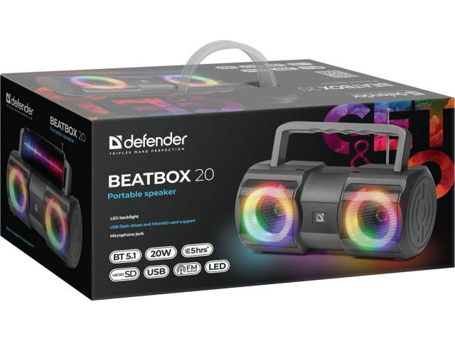 Колонка портативная музыкальная bluetooth, беспроводная с блютуз Defender Beatbox 50 50Вт, с подсветкой, BT, RGB, TypeC, IPX5, PowerBank, MicroSD, Hi-Fi звучание