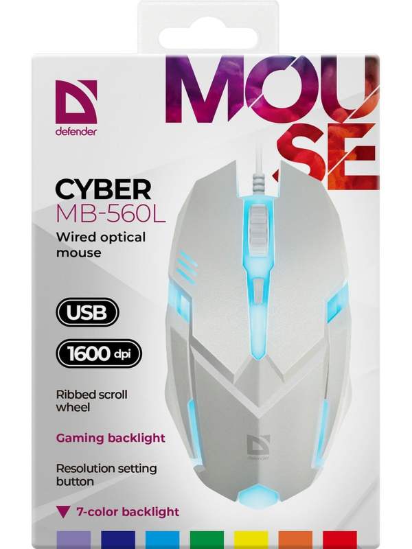 Мышь компьютерная игровая с подсветкой RGB Defender Cyber, 1600 dpi, черная