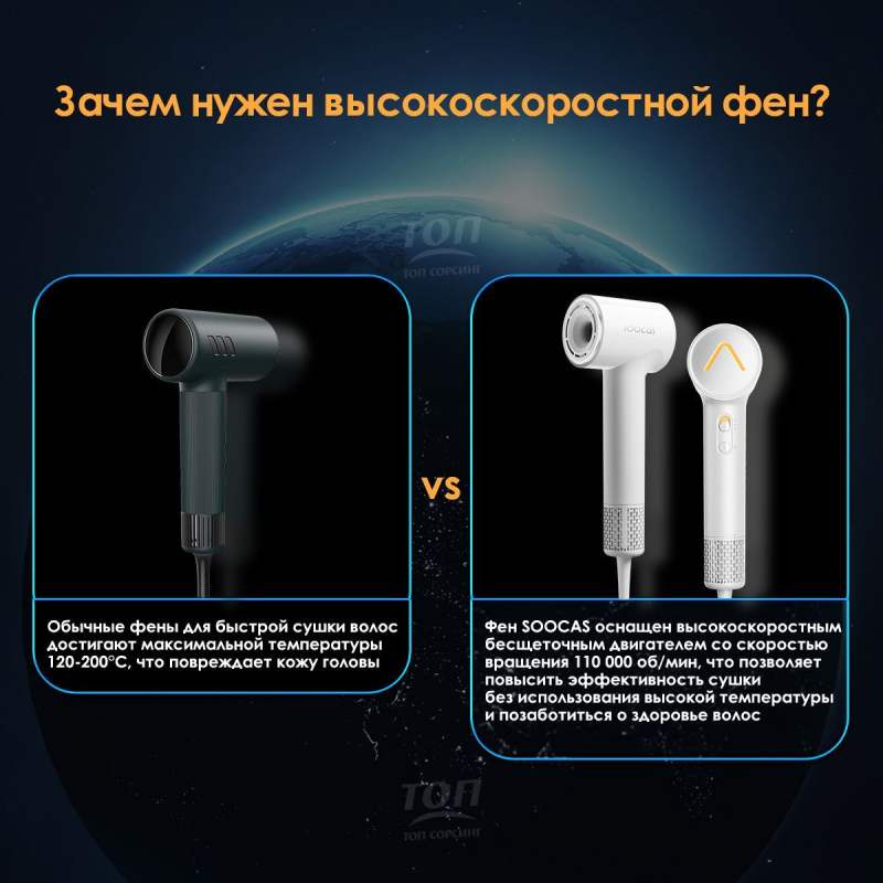 Скоростной фен для волос SOOCAS AIRFLY P1, с 2шт насадками, с держатель для фена, 4 режима работы, Зеленый