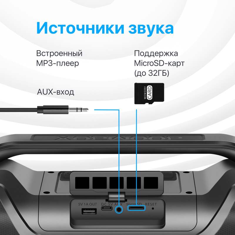 Колонка портативная музыкальная bluetooth, беспроводная с блютуз Defender Beatbox 50 50Вт, с подсветкой, BT, RGB, TypeC, IPX5, PowerBank, MicroSD, Hi-Fi звучание