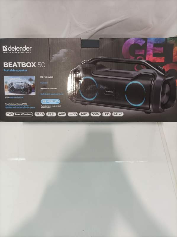Колонка портативная музыкальная bluetooth, беспроводная с блютуз Defender Beatbox 50 50Вт, с подсветкой, BT, RGB, TypeC, IPX5, PowerBank, MicroSD, Hi-Fi звучание