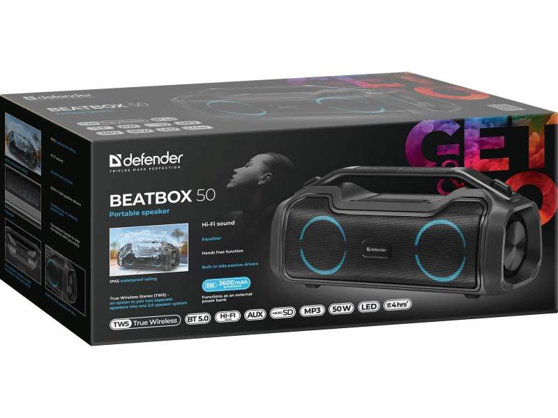 Колонка портативная музыкальная bluetooth, беспроводная с блютуз Defender Beatbox 50 50Вт, с подсветкой, BT, RGB, TypeC, IPX5, PowerBank, MicroSD, Hi-Fi звучание