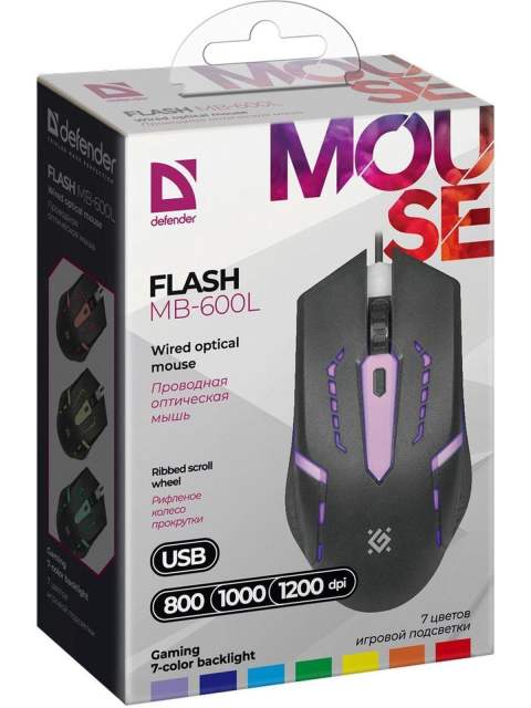 Мышь компьютерная игровая с подсветкой RGB Defender Cyber, 1600 dpi, черная