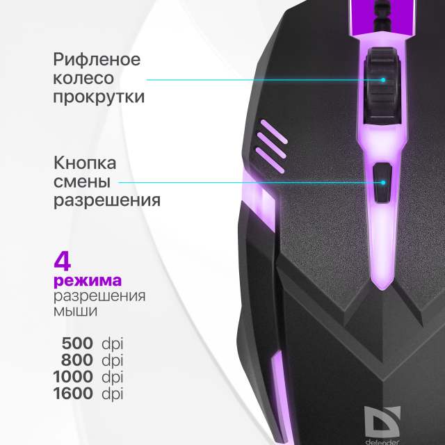 Мышь компьютерная игровая с подсветкой RGB Defender Cyber, 1600 dpi, черная