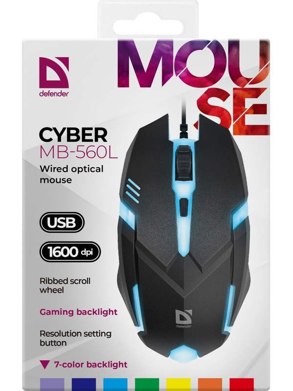 Мышь компьютерная игровая с подсветкой RGB Defender Cyber, 1600 dpi, черная