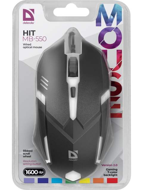 Мышь компьютерная игровая с подсветкой RGB Defender Cyber, 1600 dpi, черная