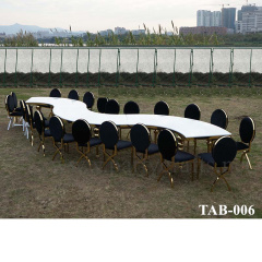 Serpentine arc shiny surface stainless steel table of wooden top golden corner white desktop couple shower table dining table home decoration wedding party event hotel hall decoration bridal and groom shower  arrangement celebration party decoration