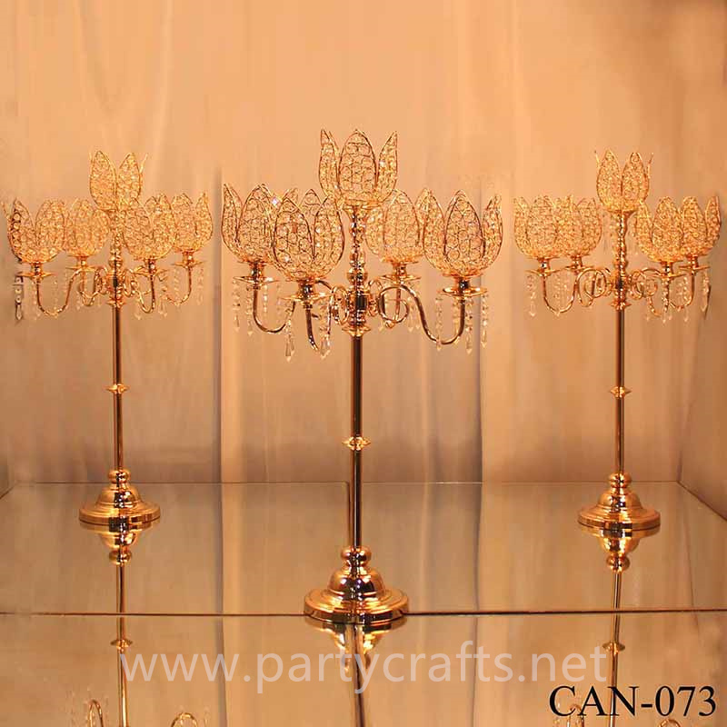 gold 5 arms flower shape crystal tall candelabra centerpiece candle holder wedding party event bridal shower table decoration
