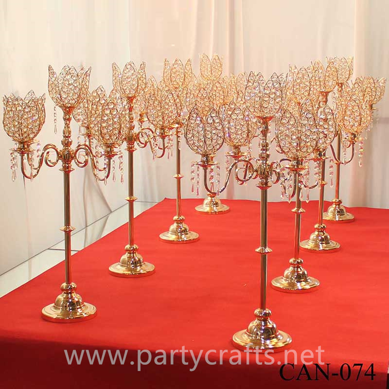 gold 5 arms flower shape crystal tall candelabra centerpiece candle holder wedding party event bridal shower table decoration