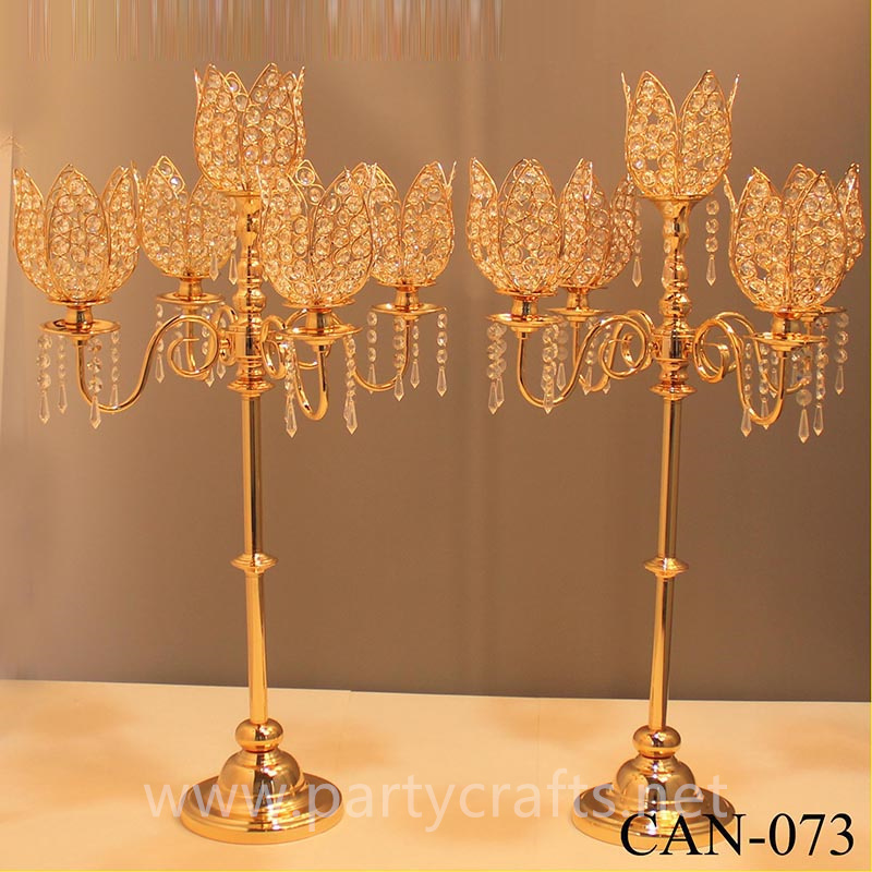 gold 5 arms flower shape crystal tall candelabra centerpiece candle holder wedding party event bridal shower table decoration