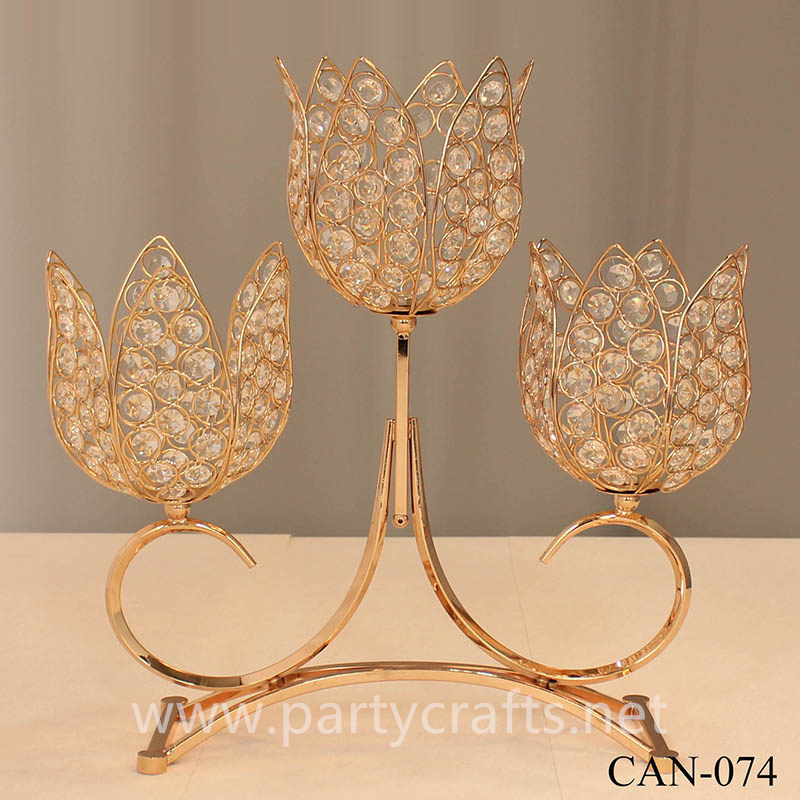 gold 3 arms flower shape crystal tall candelabra centerpiece candle holder wedding party event bridal shower table decoration