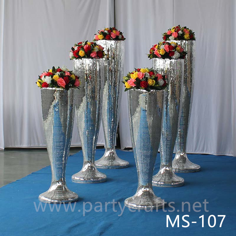 silver mirror fiberglass vase  decoration engraved pattern wedding party decoration bridal shower event decoration living room hotel hall decoration aisle decoration