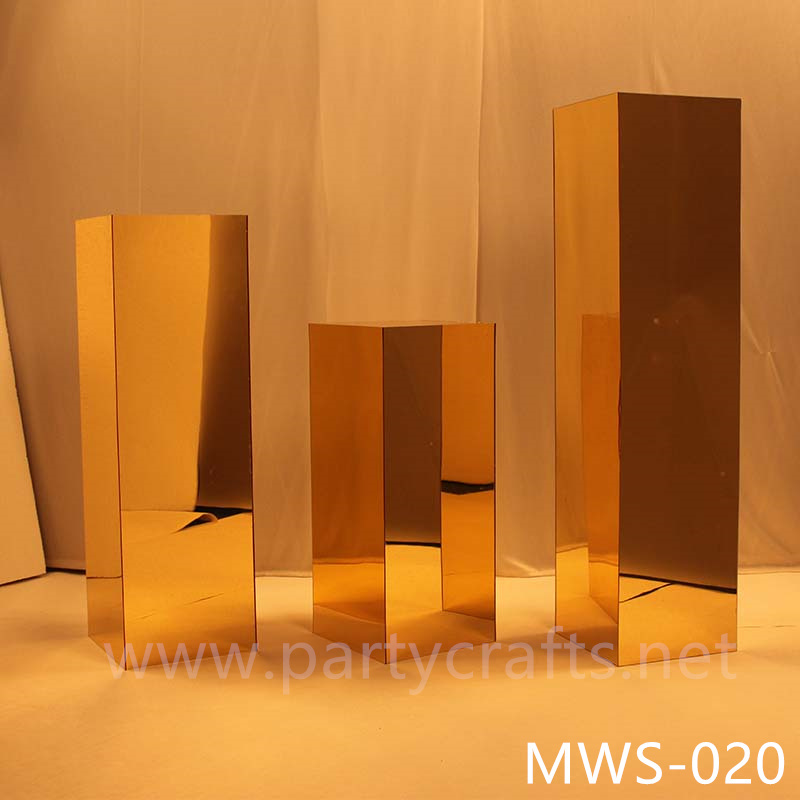 gold mirror rectangle pedestal stand aisle decoration   free standing square riser stand mirror cube art display stands wedding table centerpiece base cake table sweet table candy place tall gold centerpiece stand backdrop stand wedding stand decoration