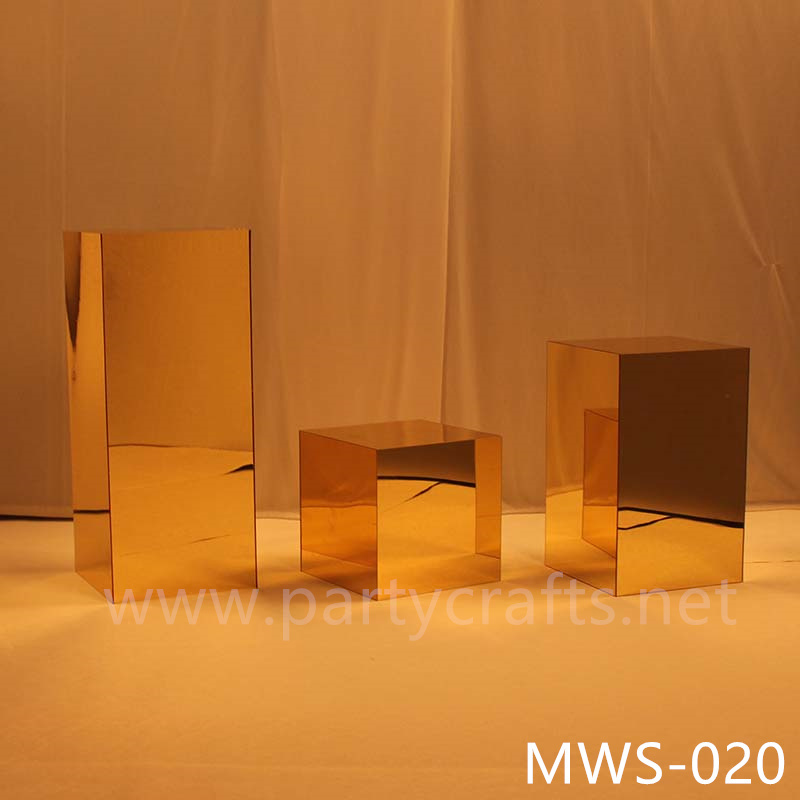 gold mirror rectangle pedestal stand aisle decoration   free standing square riser stand mirror cube art display stands wedding table centerpiece base cake table sweet table candy place tall gold centerpiece stand backdrop stand wedding stand decoration