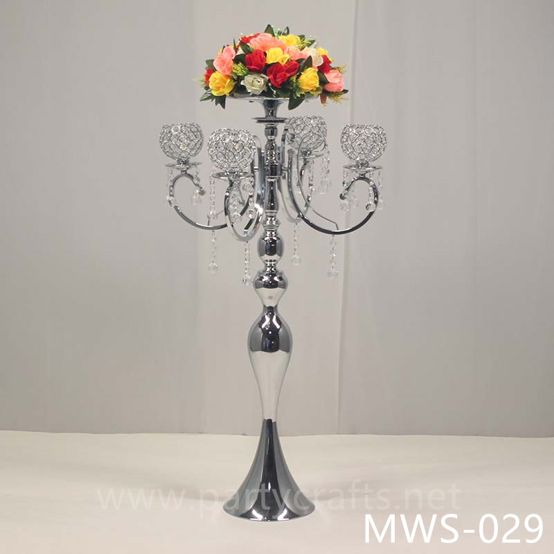 4 arms metal silver flower stand centerpiece crystal hangging decoration wedding party event hotel hall bridal shower decoration