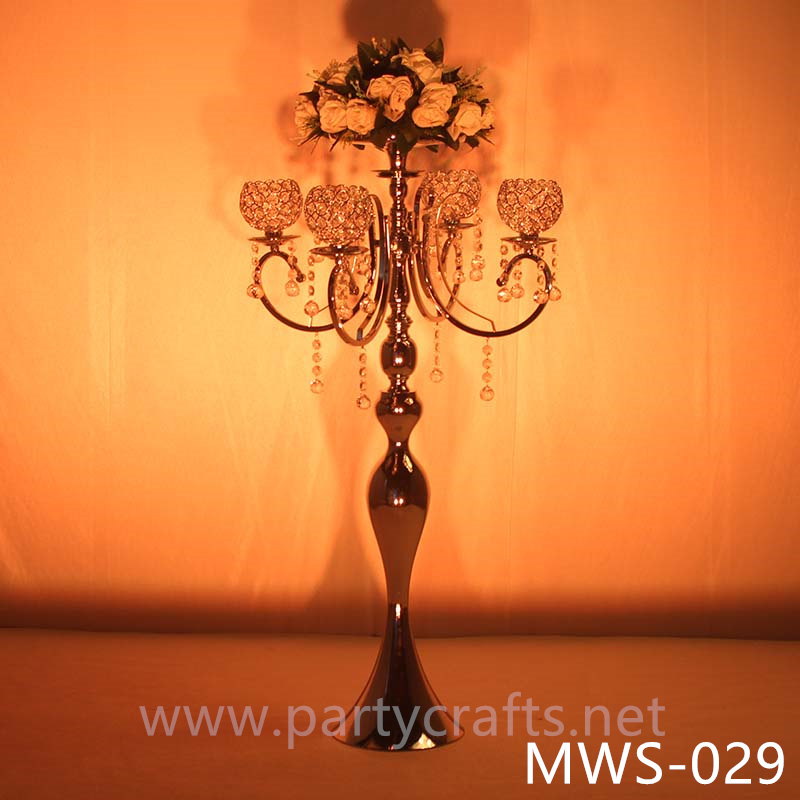 4 arms metal silver flower stand centerpiece crystal hangging decoration wedding party event hotel hall bridal shower decoration