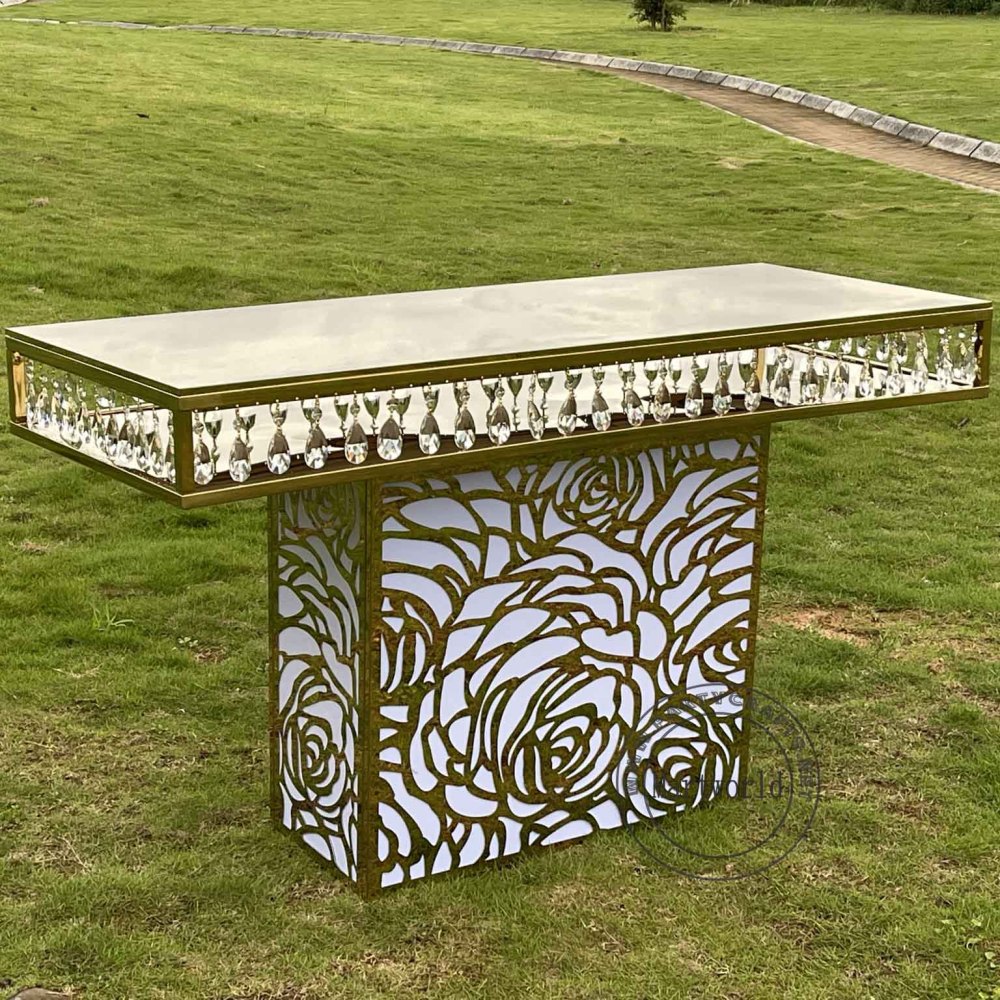 rose carved style gold rectangle table crystal decoration home decoration pedestal table for wedding bride and groom shower couple shower party events sweet table birthday cake table rectangular table