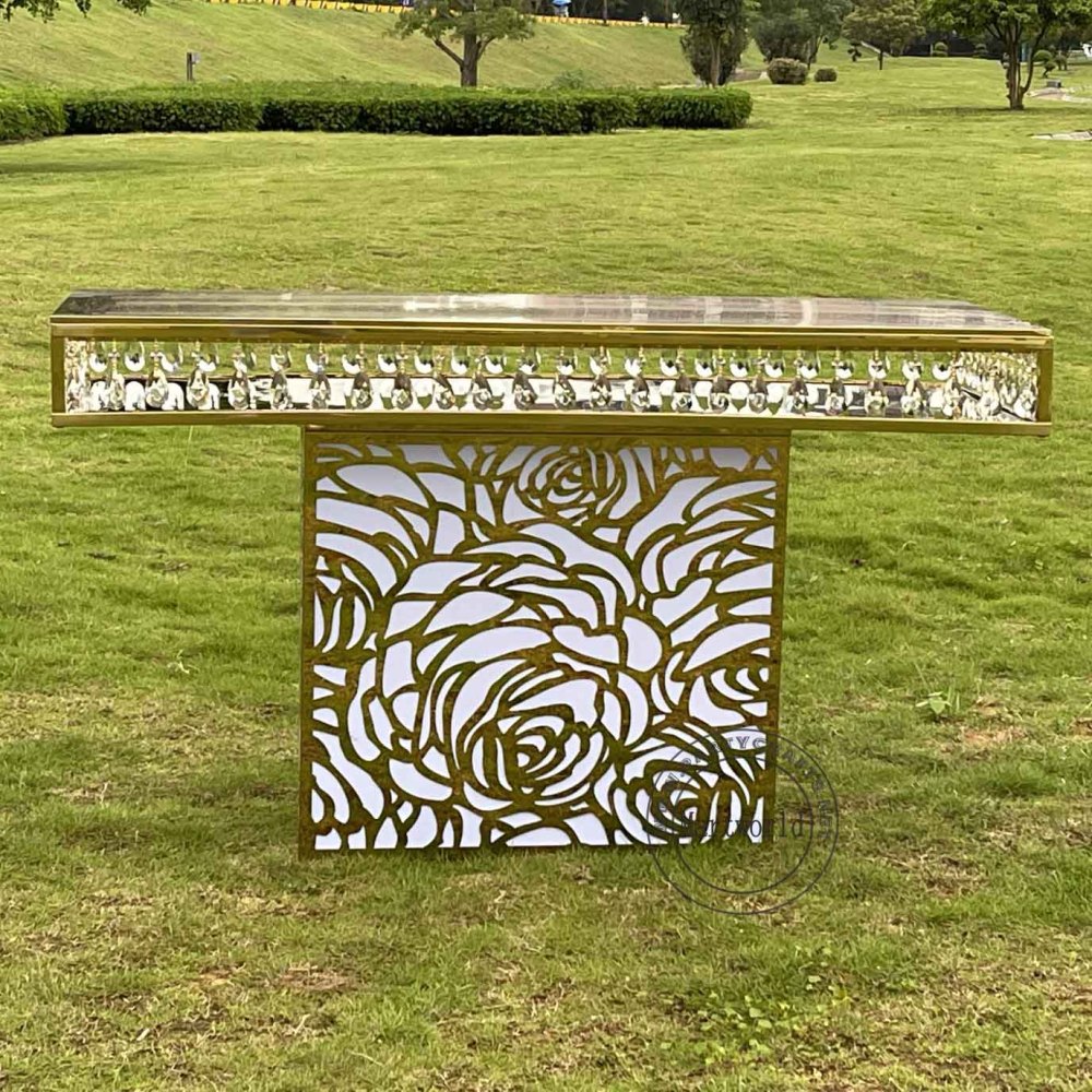 rose carved style gold rectangle table crystal decoration home decoration pedestal table for wedding bride and groom shower couple shower party events sweet table birthday cake table rectangular table