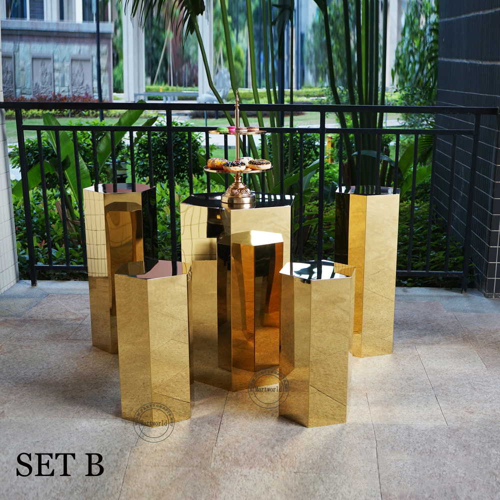gold pedestal stand  aisle decoration hexagon stand home decoration art display stands cake candy table wedding birthday party event  baby shower bar table decoration
