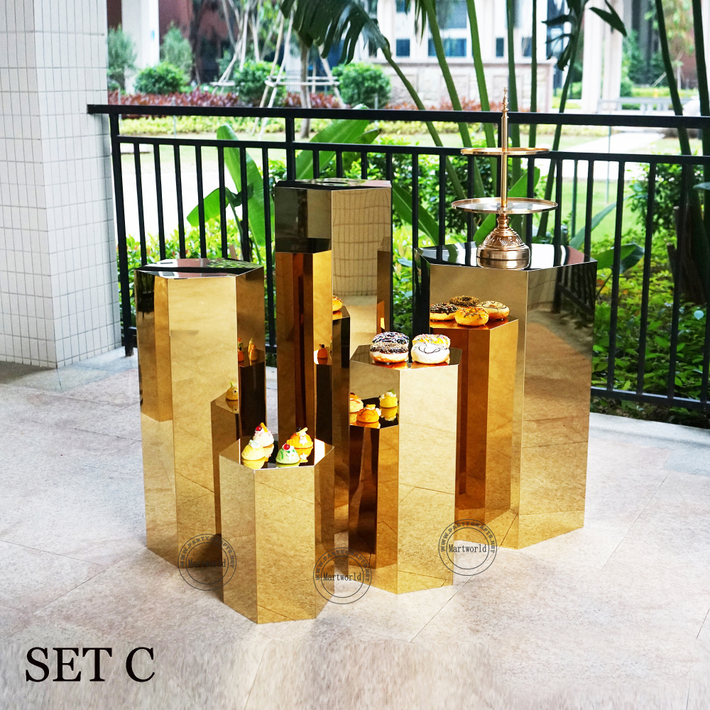gold pedestal stand  aisle decoration hexagon stand home decoration art display stands cake candy table wedding birthday party event  baby shower bar table decoration