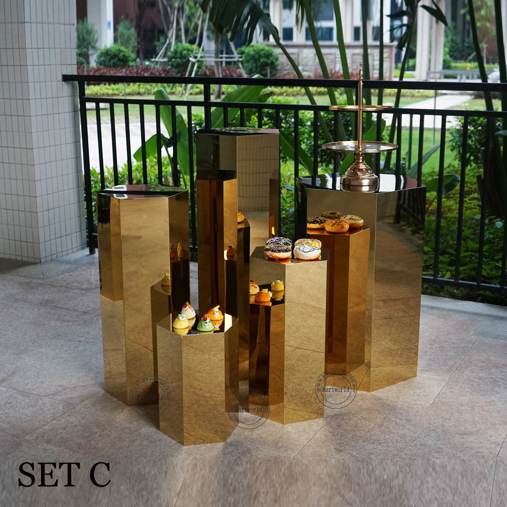 gold pedestal stand  aisle decoration hexagon stand home decoration art display stands cake candy table wedding birthday party event  baby shower bar table decoration