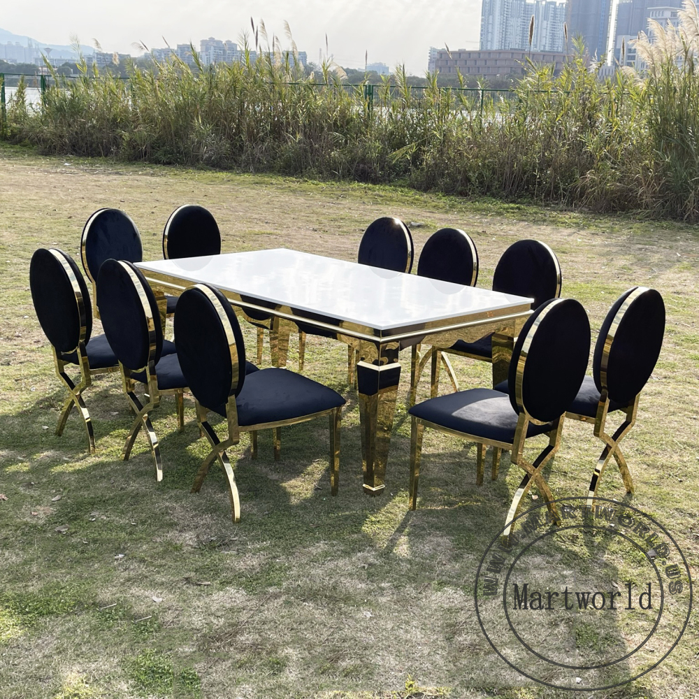 large rectanglar table home decoration modern shiny surface stainless steel rectangle table bottom golden corner white wooden desktop indoor outdoor table wedding party event hotel hall dinning decoration
